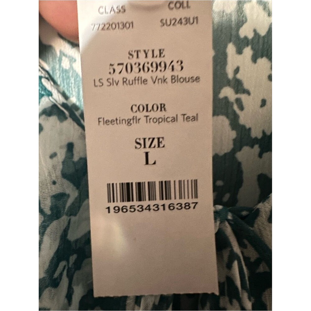White House Black Market Ruffle Front Blouse SZ L V Neck Color Teal - Picture 11 of 14
